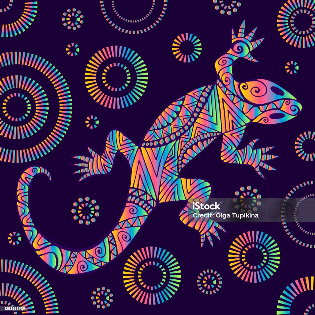 Psychedelic Lizard With Many Ornaments Bright Rainbow Color Gradient  Isolated On Dark Purple Background With Patterns Doodle Ethnic Style Tribal  Animal Vector Hand Drawn Illustration With Reptile Stock Illustration -  Download Image