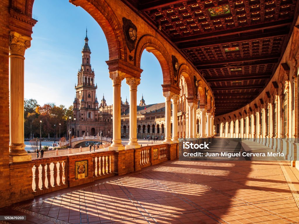 Spanish Steps in Seville View from a columned corridor of Seville's Plaza de España Seville Stock Photo