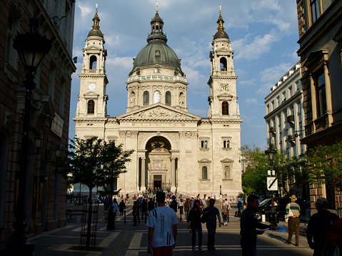 Saint Stephen's Basilica in the centre of Budapest, capital city of Hungary. Landmark and place of worship was built between 1851 and 1905. It is the equal tallest building in the city