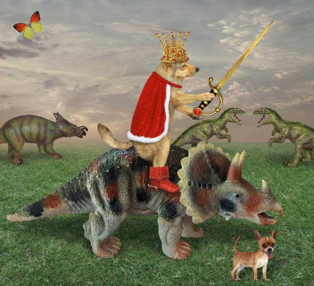 istock Dog king with sword riding triceratops 2 1253670587