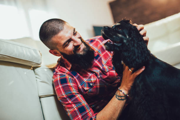 istock Handsome man with cute dog at home 1253671313