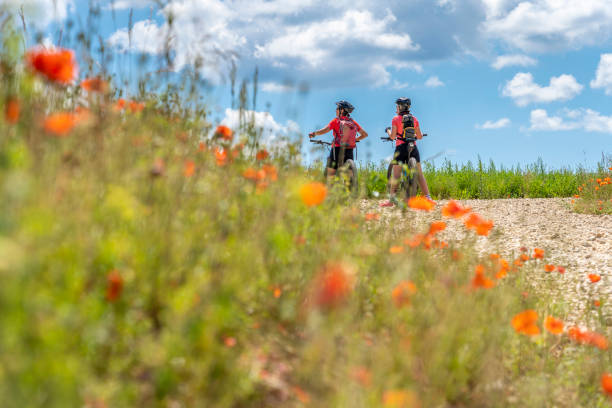 istock women with mountain bikes between poppies and blue cloud sky 1253673747