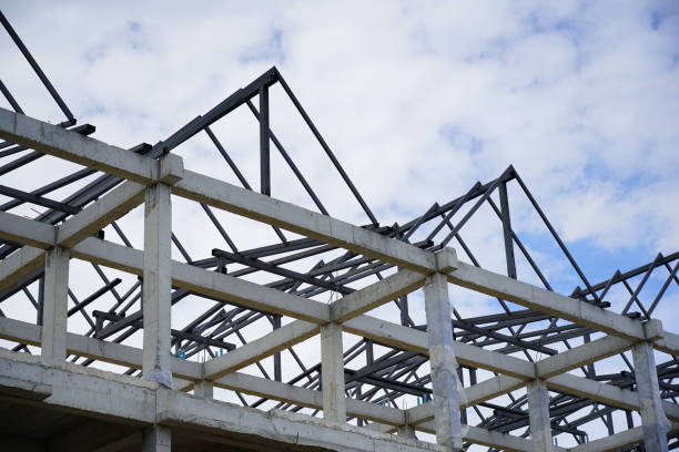 Roof frame with Home under construction using steel frames.