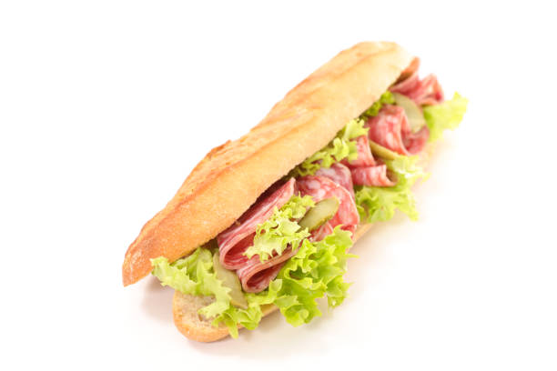 sandwich- bread baguette with salami and lettuce