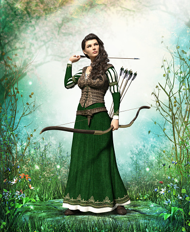 Fantasy medieval woman archer protecting a mystery forest with bow and arrow, 3d render.