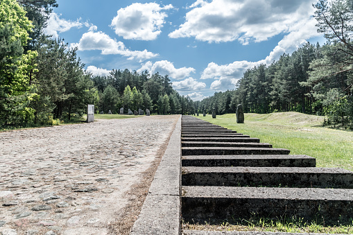 Wolka Okraglik, Poland - June 2, 2020: Rail track monument in Nazi German Extermination camp Treblinka II.