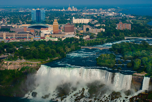 High angle view of Niagara falls with buildings .