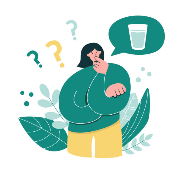 Woman thinks how much water she drinks. Woman thinks how much water she drinks. Young girl questioning  Intermittent fasting. Oversized woman considers time restricted eating. Intermittent fasting concept. Modern flat cartoon character. fast water stock illustrations