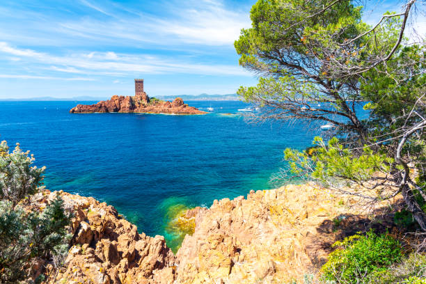 beautiful coast in Frejus on french riviera, France azure bay in south France in Frejus arènes de fréjus photos stock pictures, royalty-free photos & images