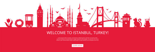 witamy w stambule, turcja! czerwona sylwetka miasta i słynne tureckie zabytki. - blue mosque illustrations stock illustrations