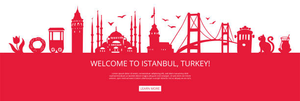 Welcome to Istanbul, Turkey! Red city silhouette and famous Turkish landmarks. Welcome to Istanbul, Turkey! Red city silhouette and famous Turkish landmarks. City skyline with symbols of Istanbul. Travel to Turkey concept design. Horizontal banner design for a web page. sesame bagel stock illustrations