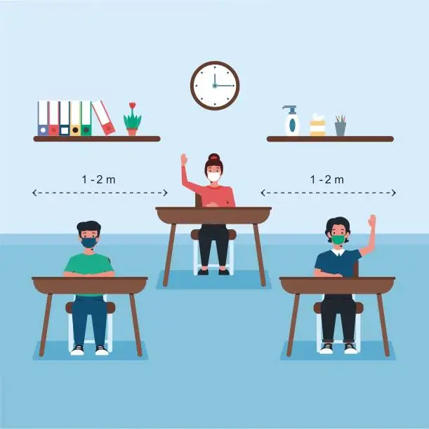 Vector illustration of Back to school for new normal lifestyle social distancing in class room Concept, Prevention tips of coronavirus 2019 nCoV. young boy and girl wearing mask Sitting on the desk in the classroom