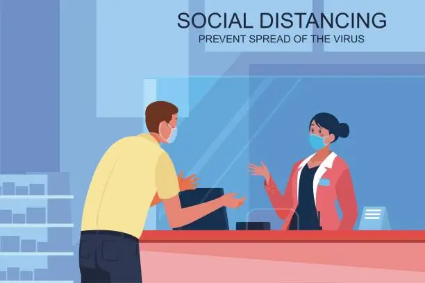 Vector illustration of Social distancing and coronavirus covid-19 prevention. People in protective spread masks are waiting in the queue to the of the counter