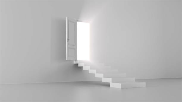 istock 3d render shine of an open door with steps in a bright room 1253688100