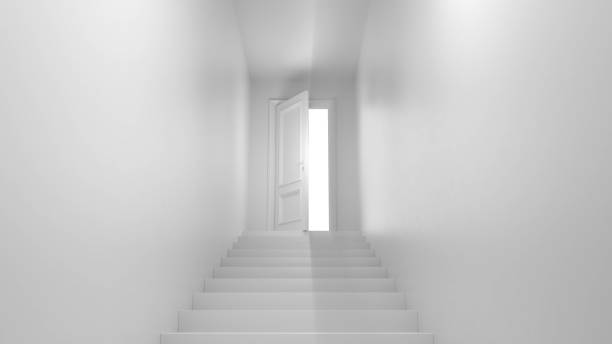 istock 3d render door with steps in the corridor 1253688358
