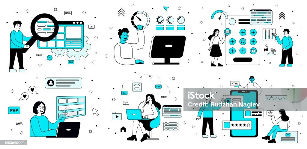 Set Of Computer Programming Scenes Stock Illustration - Download Image ...