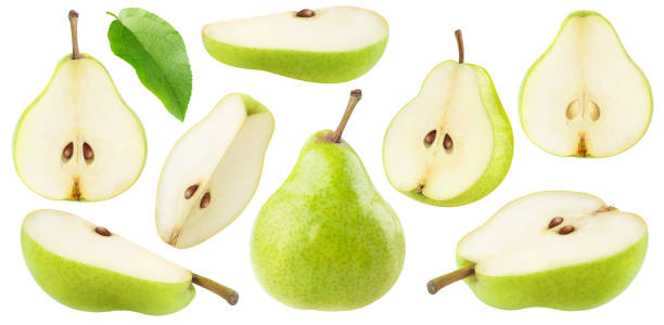 Cut green pears collection Isolated cut green pear fruits. Collection of green pear pieces of different shapes isolated on white background pear stock pictures, royalty-free photos & images