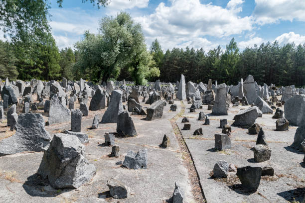 un sacco di pietre che simboleggiano lapidi. le iscrizioni indicano i luoghi delle partenze dei treni dell'olocausto. - campo di sterminio di treblinka immagine foto e immagini stock