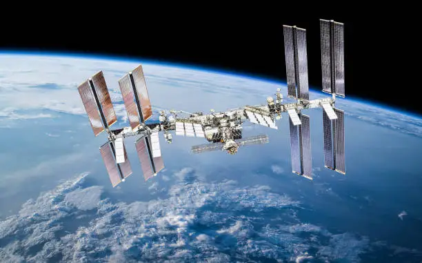 Photo of ISS station on orbit of the Earth planet. Elements of this image furnished by NASA