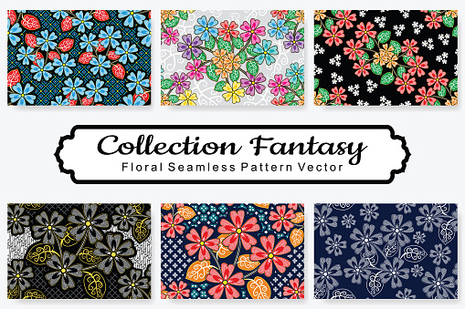 6 Collection Fantasy Floral Seamless Patterns Vector
