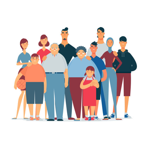flat & modern asian family A modern asian family group illustration happy family stock illustrations