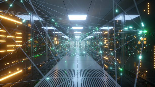 istock Digital information travels through fiber optic cables through the network and data servers behind glass panels in the server room of the data center. High speed digital lines. 3d illustration 1253700286