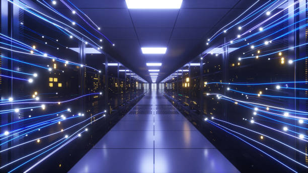 Digital information flows through the network and data servers behind glass panels in the server room of a data center or Internet service provider. High speed digital lines. 3d illustration