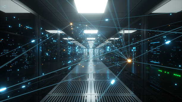 Digital information travels through fiber optic cables through the network and data servers behind glass panels in the server room of the data center. High speed digital lines. 3d illustration