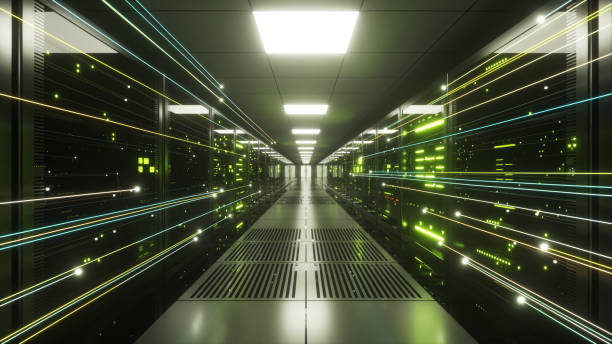 istock Digital information flows through the network and data servers behind glass panels in the server room of a data center or Internet service provider. High speed digital lines. 3d illustration 1253700326