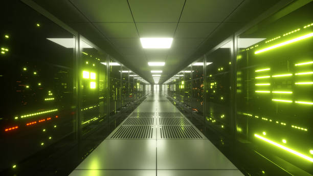 istock Digital information flows through the network and data servers behind glass panels in the server room of the data center. 3d illustration 1253700328