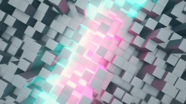 istock Abstract technology background for business presentations. Randomly moving cubes. Bright neon glow in the middle. 3d illustration 1253700377