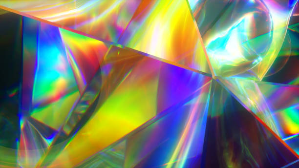 The light passes through the facets of a slowly rotating diamond and creates repetitive sparkling highlights and bright rainbow colors. Rainbow dispersion of light. 3d illustration stock photo