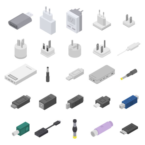 어댑터 아이콘 세트, 아이소메트릭 스타일 - usb cable illustrations stock illustrations