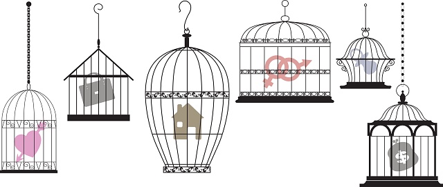 Symbols of personal interests and feelings locked in separate cages as a metaphor for a psychological compartmentalization, EPS 8 vector illustration