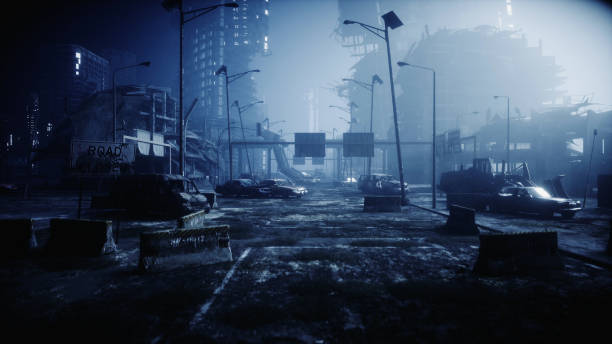 città apocalisse nella nebbia. veduta aerea della città distrutta. concetto di apocalisse. rendering 3d. - post apocalyptic foto e immagini stock