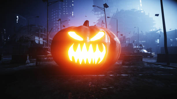 istock Halloween pumpkin in night destroyed city. Apocalypse concept. 3d rendering. 1253705629
