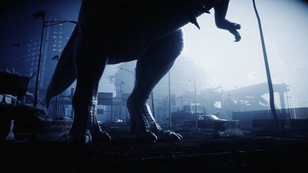 istock terrible dinosaur trex in the night destroyed city. Apocalypse concept. 3d rendering. 1253707171