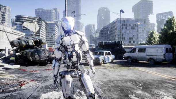 istock Military robot in destroyed city. Future apocalypse concept. 3d rendering. 1253707556