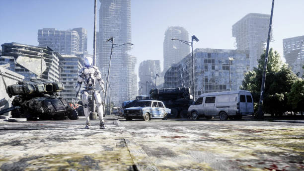 istock Military robot in destroyed city. Future apocalypse concept. 3d rendering. 1253707608