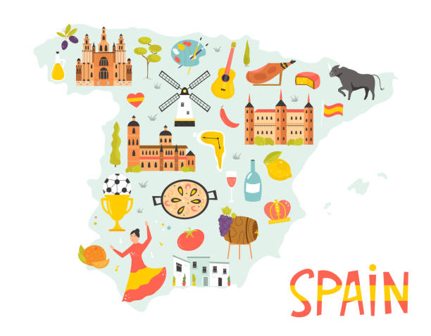 helle illustrierte karte von spanien mit symbolen, symbolen, berühmten zielen, sehenswürdigkeiten. - spain spanish culture art pattern stock-grafiken, -clipart, -cartoons und -symbole