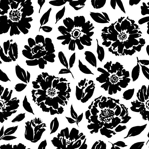 nahtloses florales vektormuster mit pfingstrosen, rosen, anemonen. handgezeichnete schwarze farbe illustration mit abstrakten blumen. - floral pattern dirty pattern grunge stock-grafiken, -clipart, -cartoons und -symbole