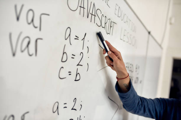 istock Cropped shot of a male teacher pointing at text on whiteboard while giving Javascript lesson online 1253711261