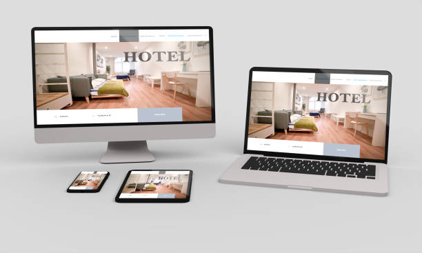 istock Laptop, mobile and tablet 3d rendering showing hotel responsive web design .3d illustration 1253711806