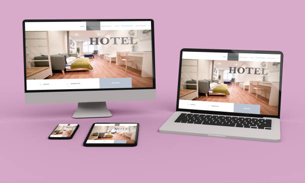 istock Laptop, mobile and tablet 3d rendering showing hotel responsive web design .3d illustration 1253711810