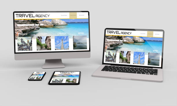 istock Computer, Laptop, mobile and tablet 3d rendering showing travel agency responsive web design .3d illustration 1253711822