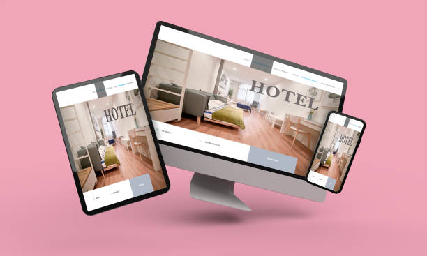 istock Flying Laptop, mobile and tablet 3d rendering showing hotel responsive web design .3d illustration 1253711830