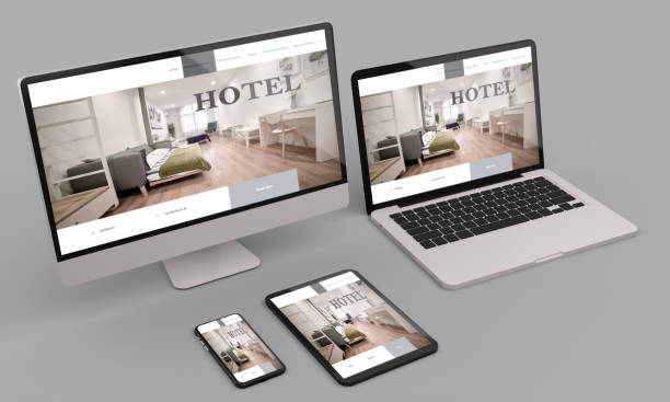istock Laptop, mobile and tablet 3d rendering showing hotel responsive web design .3d illustration 1253711831