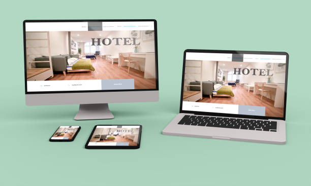 istock Laptop, mobile and tablet 3d rendering showing hotel responsive web design .3d illustration 1253711833