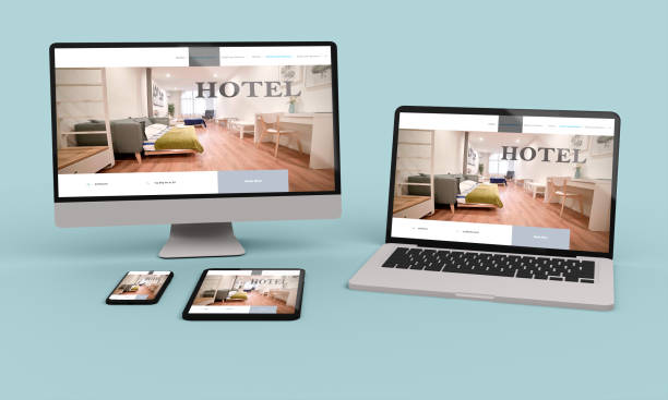 istock Laptop, mobile and tablet 3d rendering showing hotel responsive web design .3d illustration 1253711855