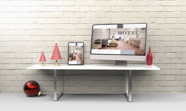 istock Laptop, mobile and tablet 3d rendering showing hotel responsive web design .3d illustration 1253711857